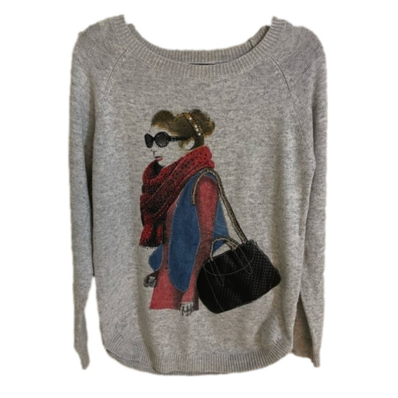 𝅺🎀 Graphic Bejewelled Ladies Longsleeve Wool Mix Top, Size M - Picture 1 of 10